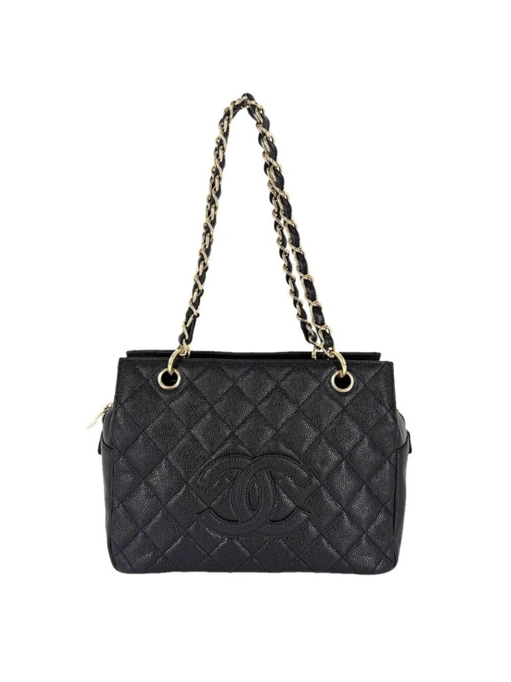 Chanel Tote Quilted Chain Handbag Shoulder CC Logo Caviar Leather Black Gold